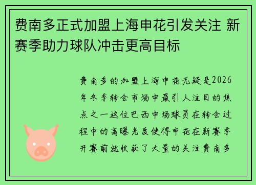 费南多正式加盟上海申花引发关注 新赛季助力球队冲击更高目标